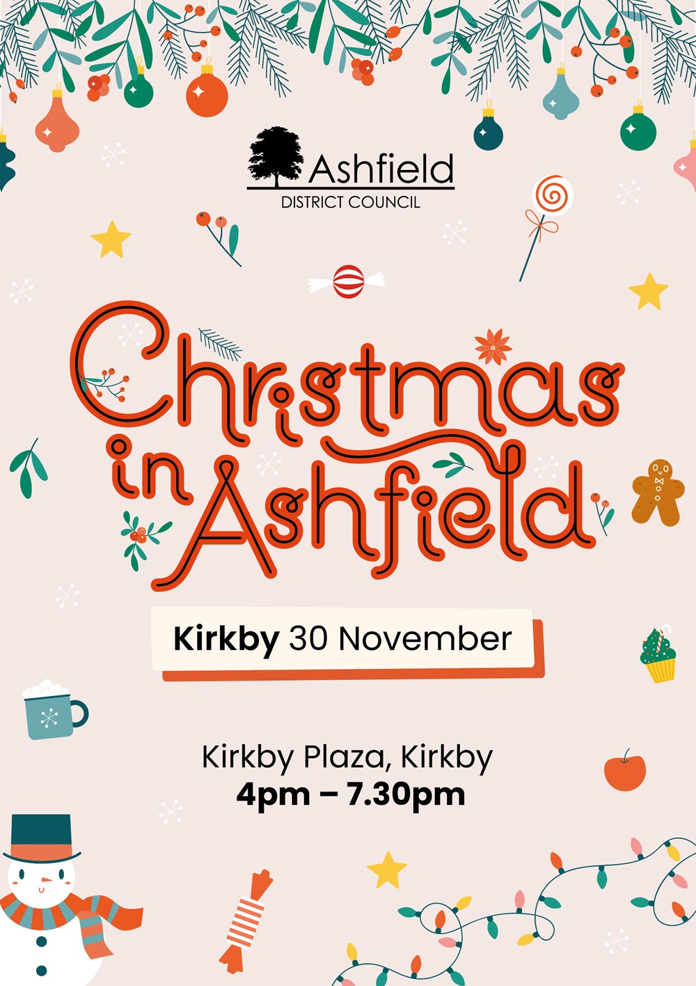 Christmas in Ashfield Kirkby 30 November, Kirkby Plaza 4pm - 7.30pm