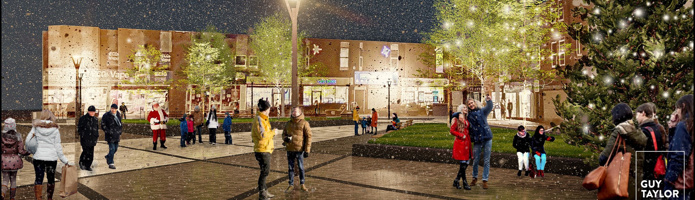 An artist impression of Portland Square in Sutton at Christmas