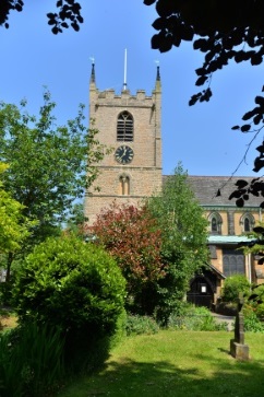 Tower of St Mary Magdalene Church Hucknall in the sunshine