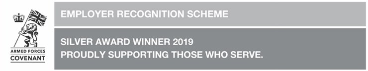 Logo banner with wording Armed Forces Covenant - Employer Recognition Scheme (ERS) Silver award 2019
