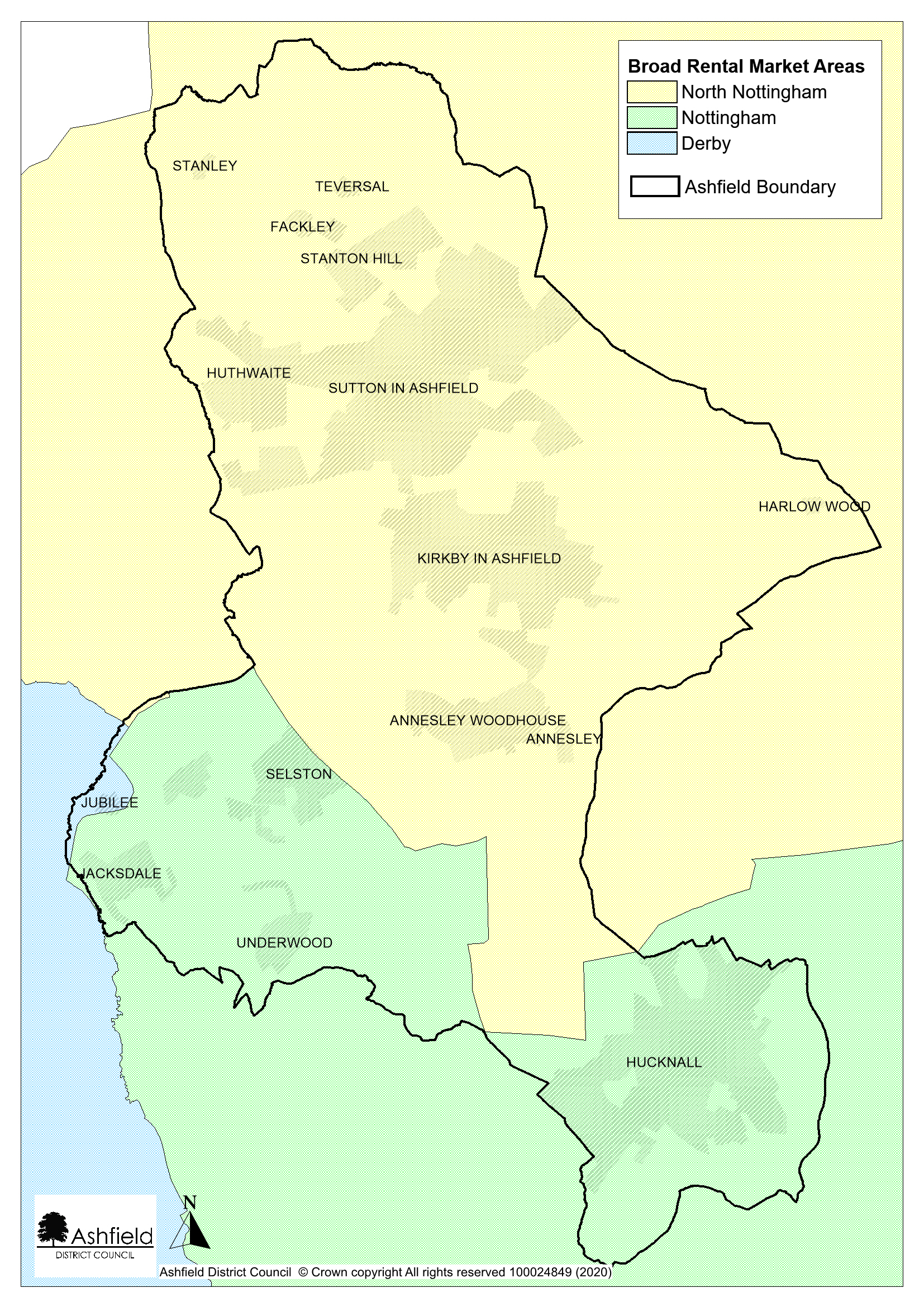 Map showing north Nottingham, Nottingham and Derby broad rental market areas