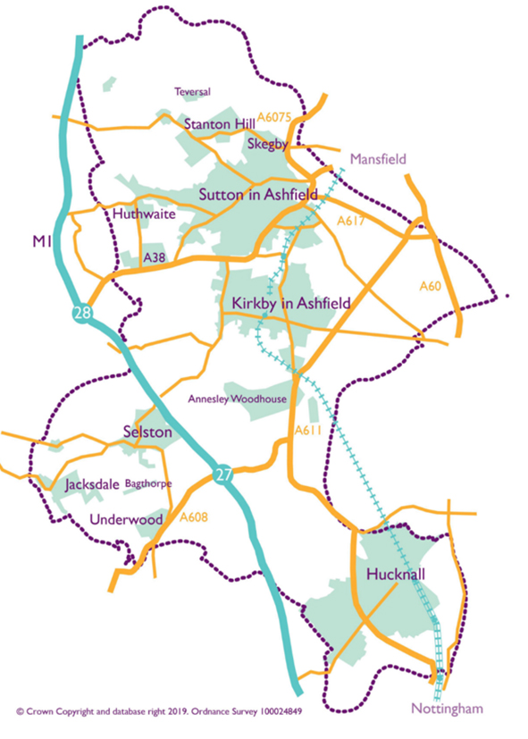 Ashfield map showing main towns and villages plus transport routes