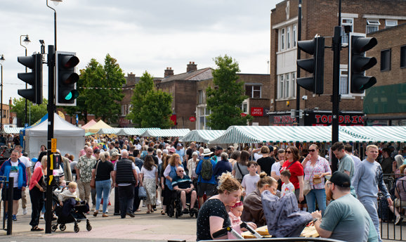 hundreds of people on Hucknall High Street for the food and drink festival