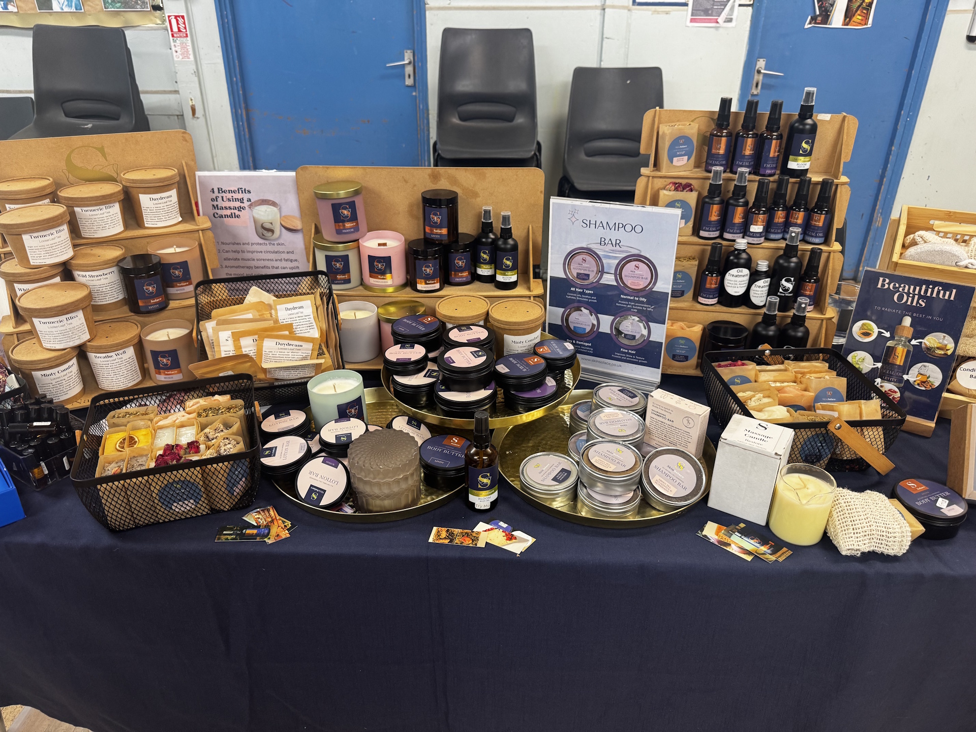 A market stall displaying a range of artisan skincare products