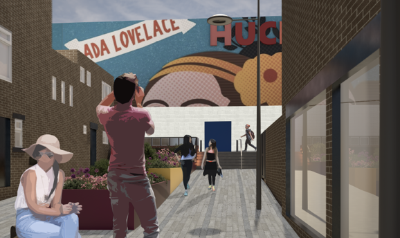 An artist impression of Chapel Street, Hucknall, showing a mural on the side of B&M