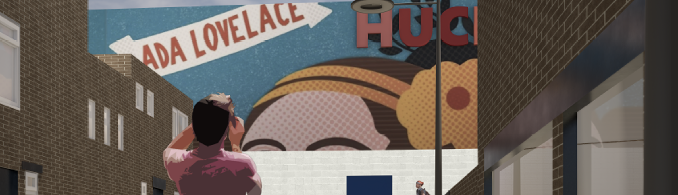 An artist impression of Chapel Street, Hucknall, showing a mural on the side of B&M