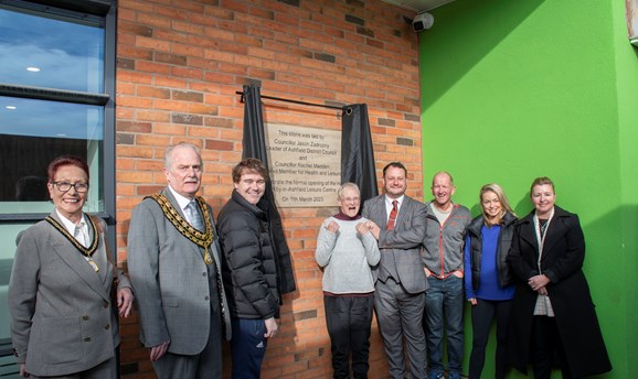 Invited guests unveil the opening plaque at Kirkby Leisure Centre