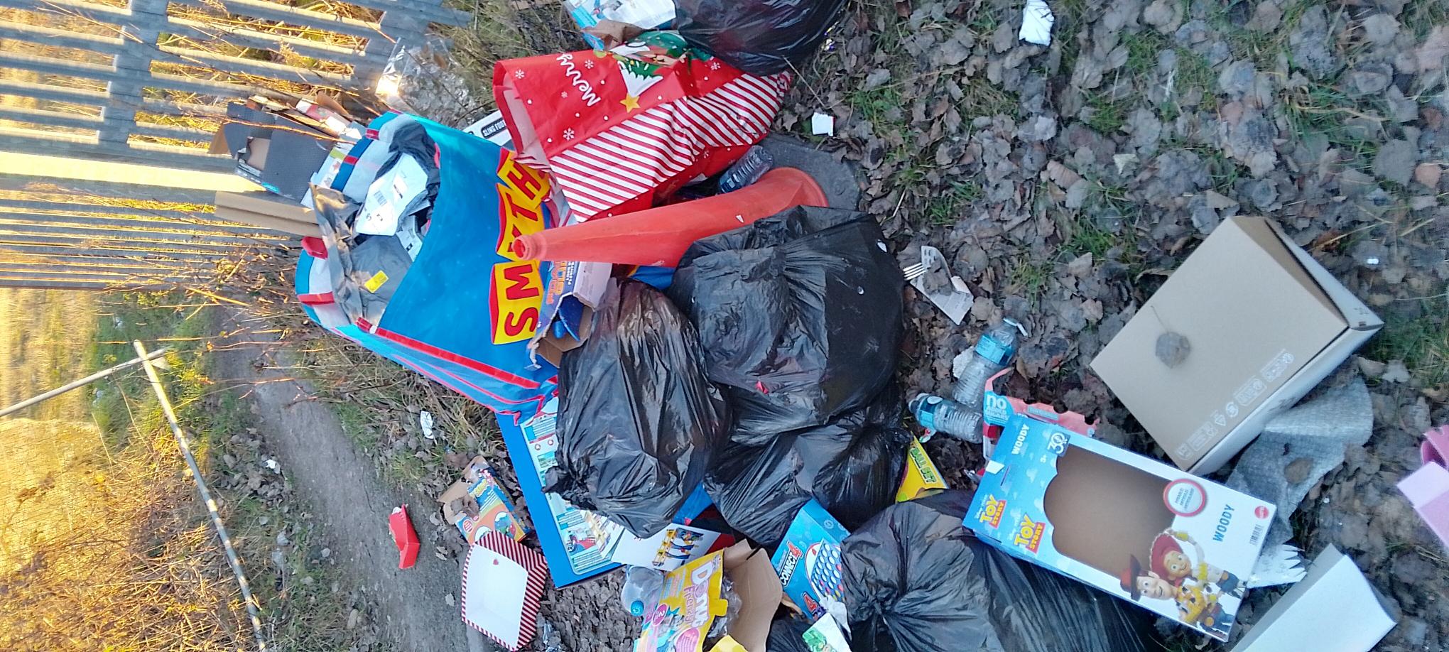 Several black bin bags and a smyths toy bag are dumped with rubbish overflowing