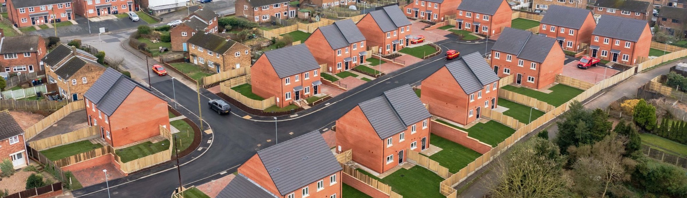 a drone shot of new build council homes in Kirkby - photo by Lindum 