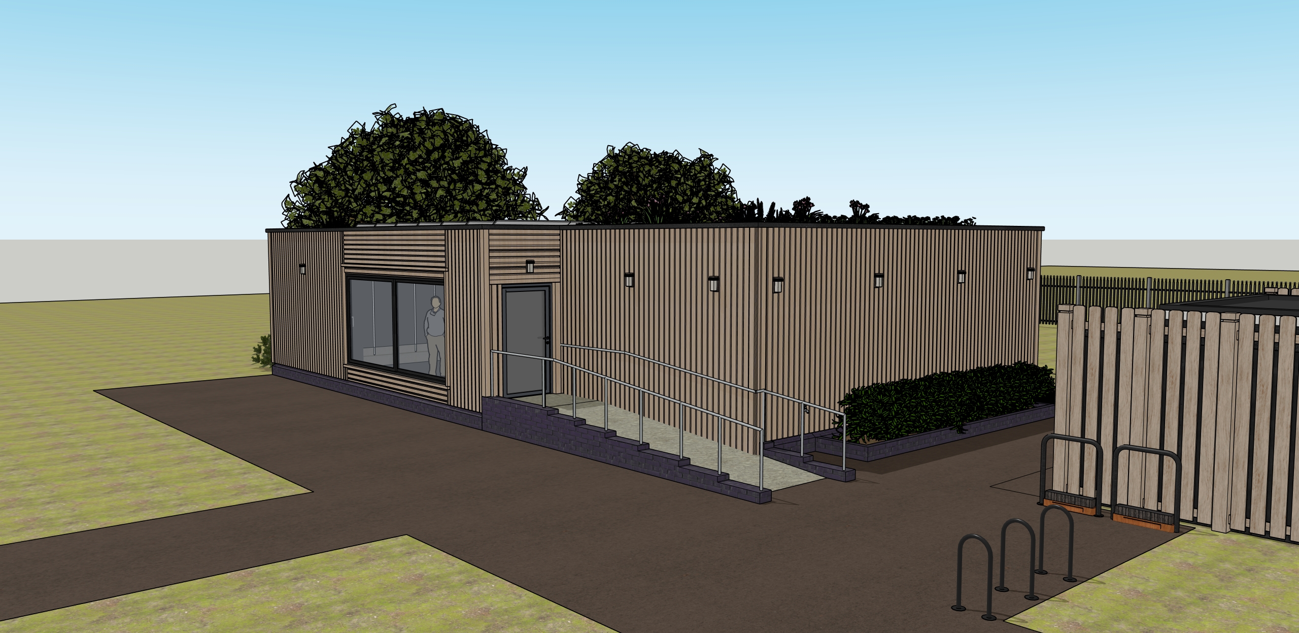 An artist impression of a wooden one storey building with access ramp
