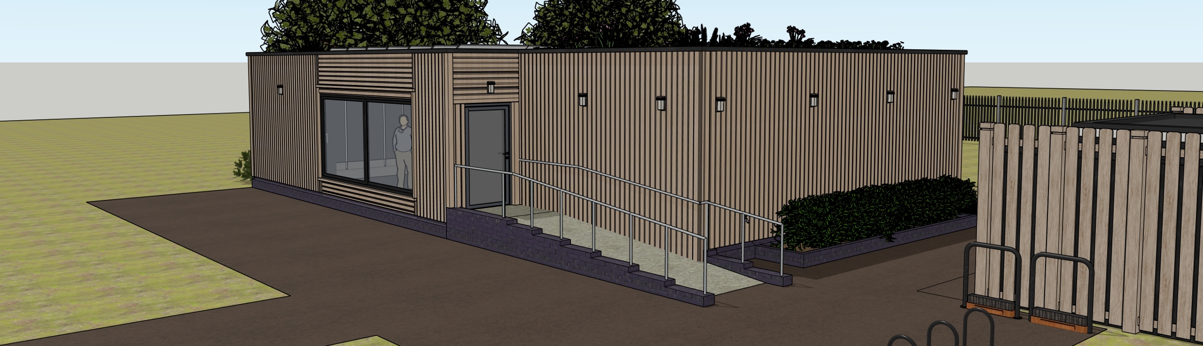 An artist impression of a wooden one storey building with access ramp