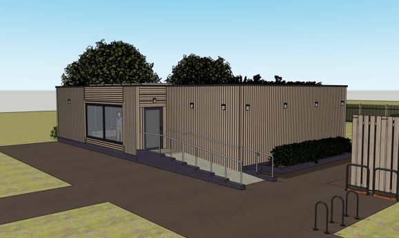 An artist impression of a wooden one storey building with access ramp