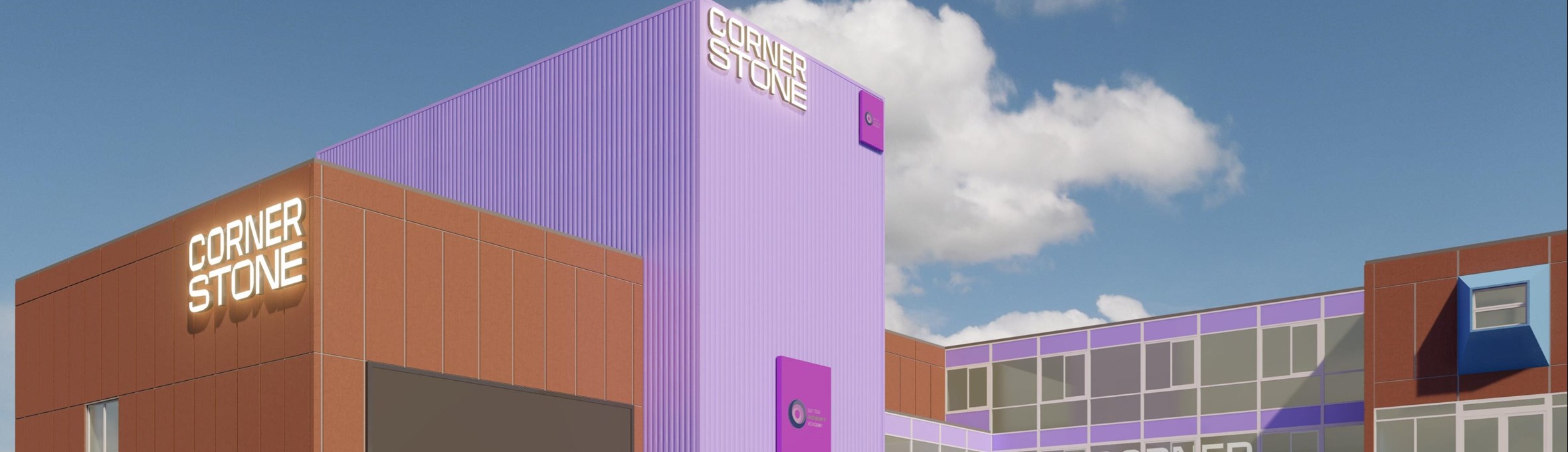 An artist impression of the theatre which is clad in purple with the name Cornerstone  