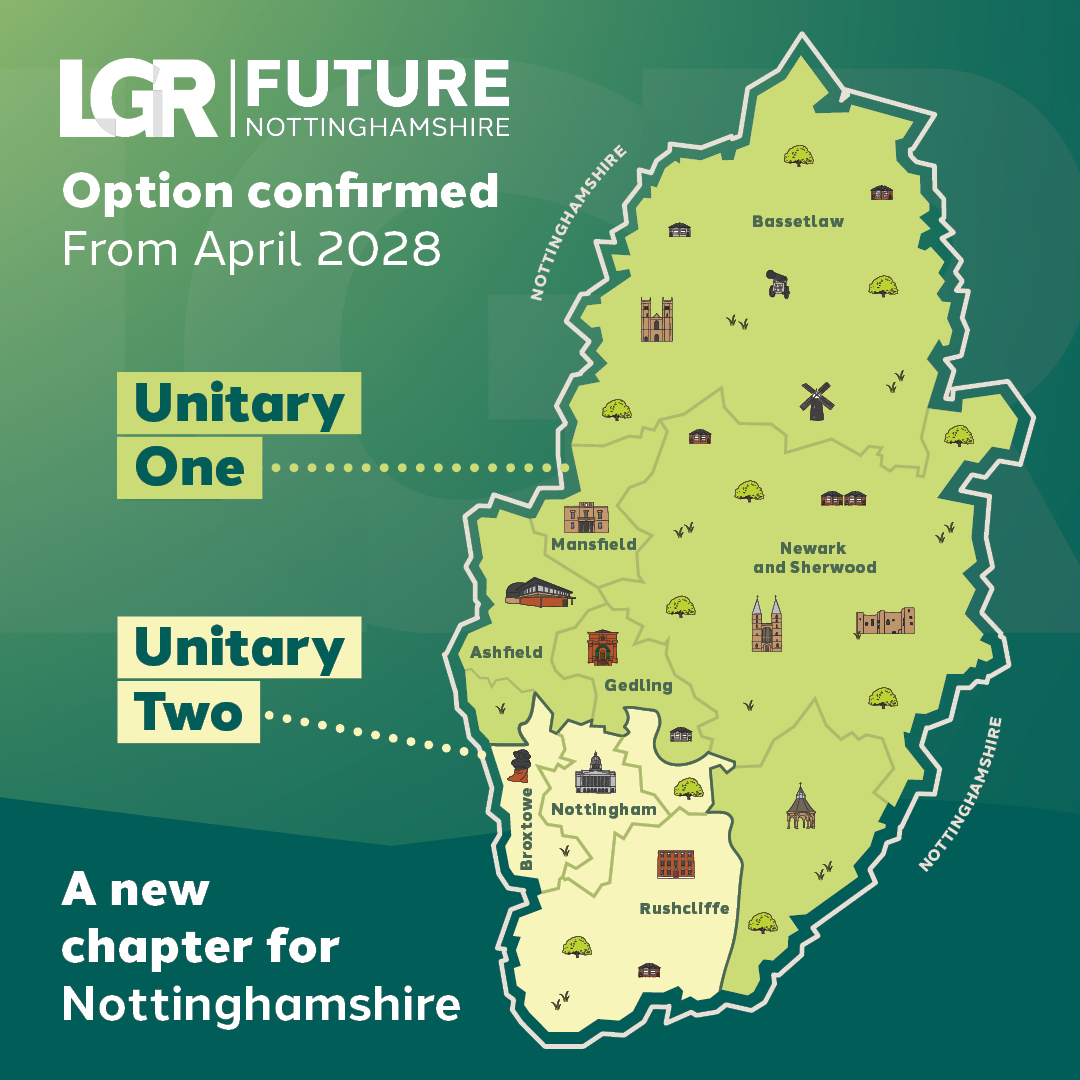 Local Government Reorganisation -  LGR - Future Nottinghamshire - 2 unitary councils confirmed