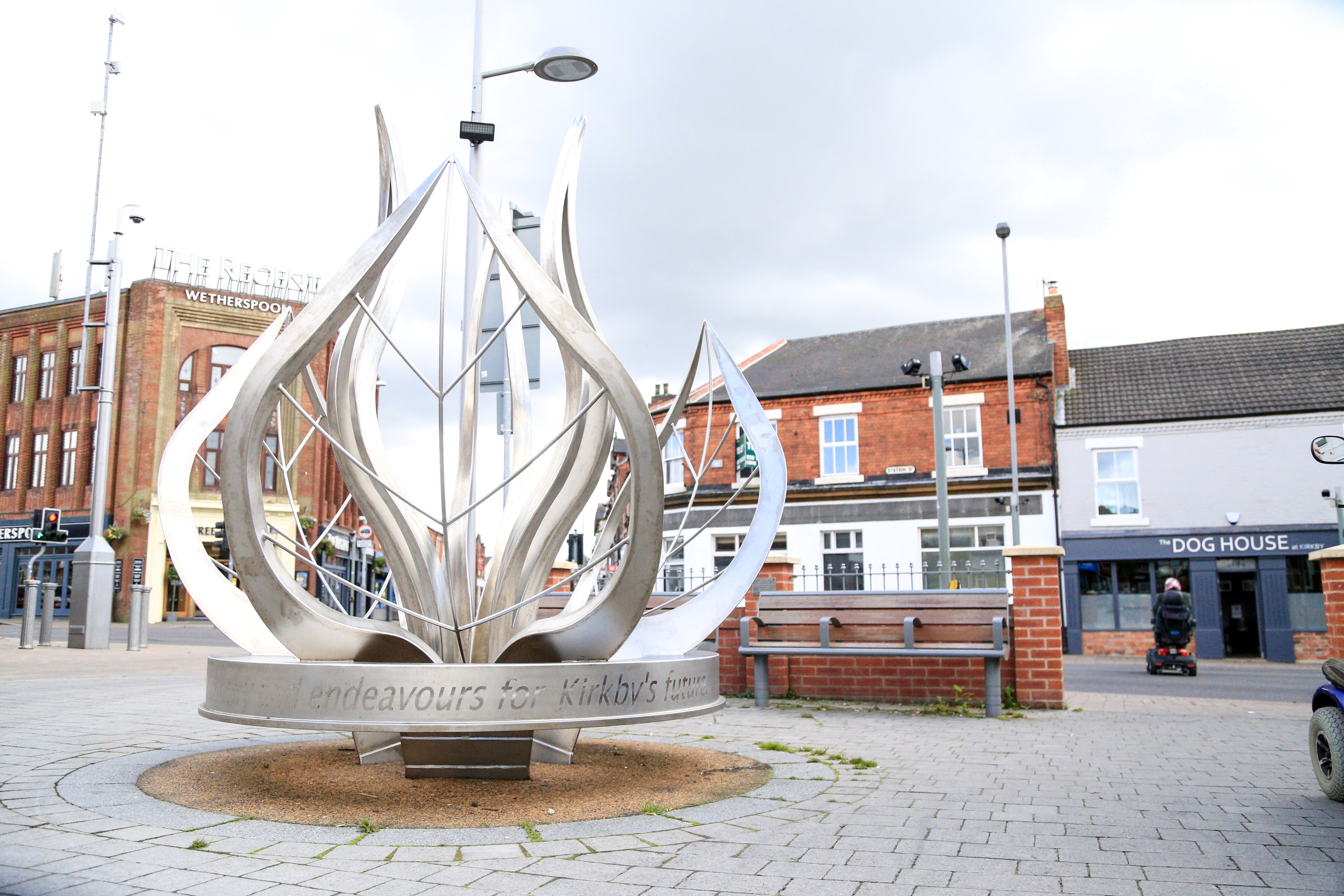 a silver sculpture in Kirkby town centre 