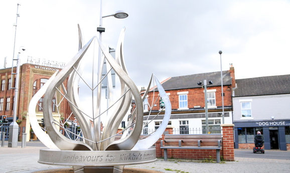 a silver sculpture in Kirkby town centre 