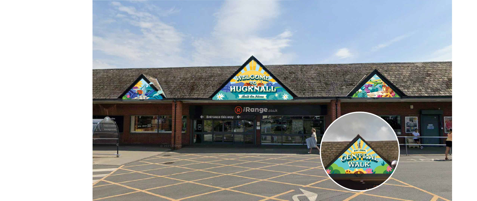 four brightly coloured mini illustrated murals on the range, Hucknall