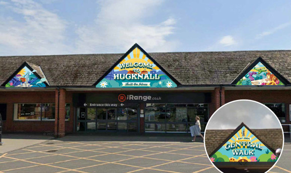 four brightly coloured mini illustrated murals on the range, Hucknall