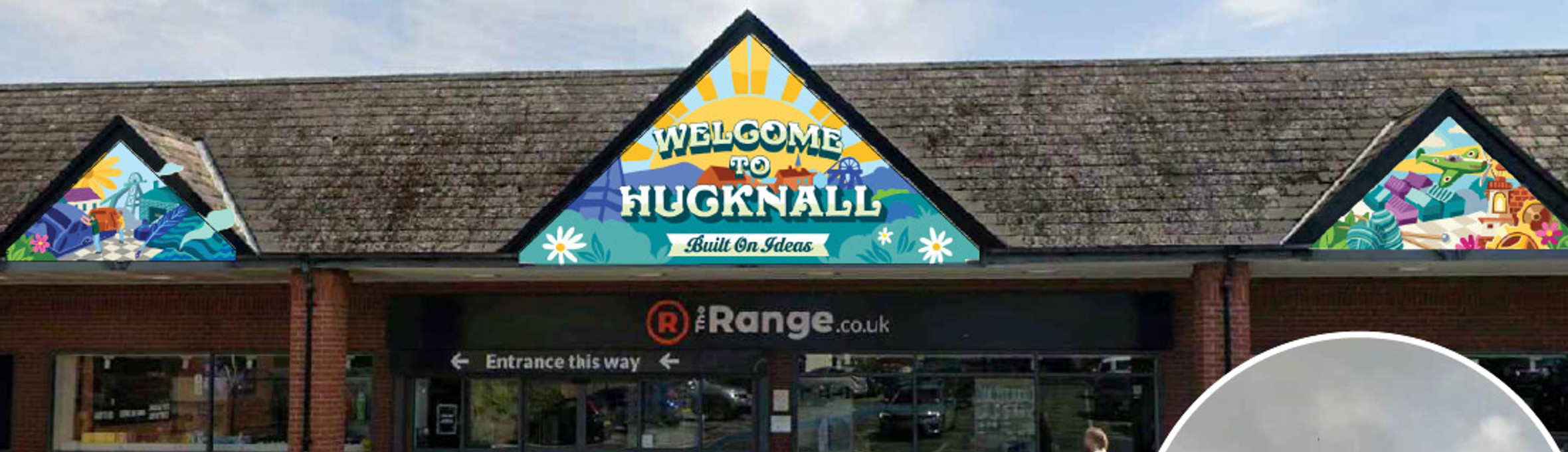 four brightly coloured mini illustrated murals on the range, Hucknall