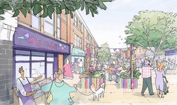 An artist impression of Hucknall High Street featuring new outdoor seating areas 