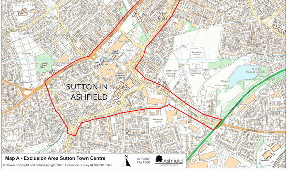 A map of Sutton in Ashfield showing the Sutton Town Centre exclusion area