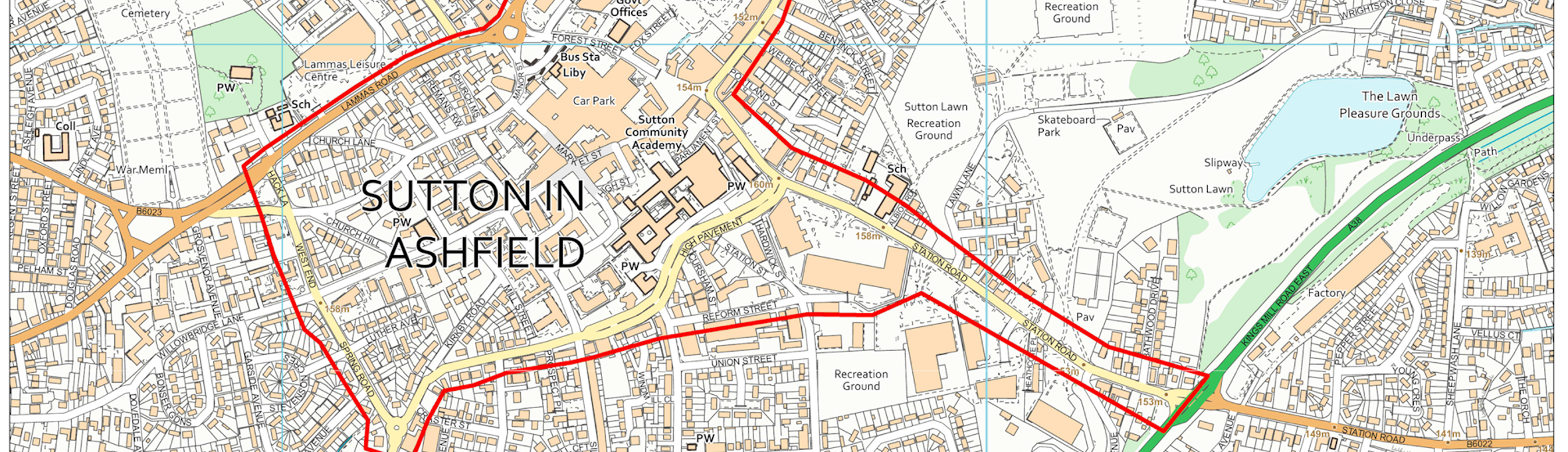 A map of Sutton in Ashfield showing the Sutton Town Centre exclusion area