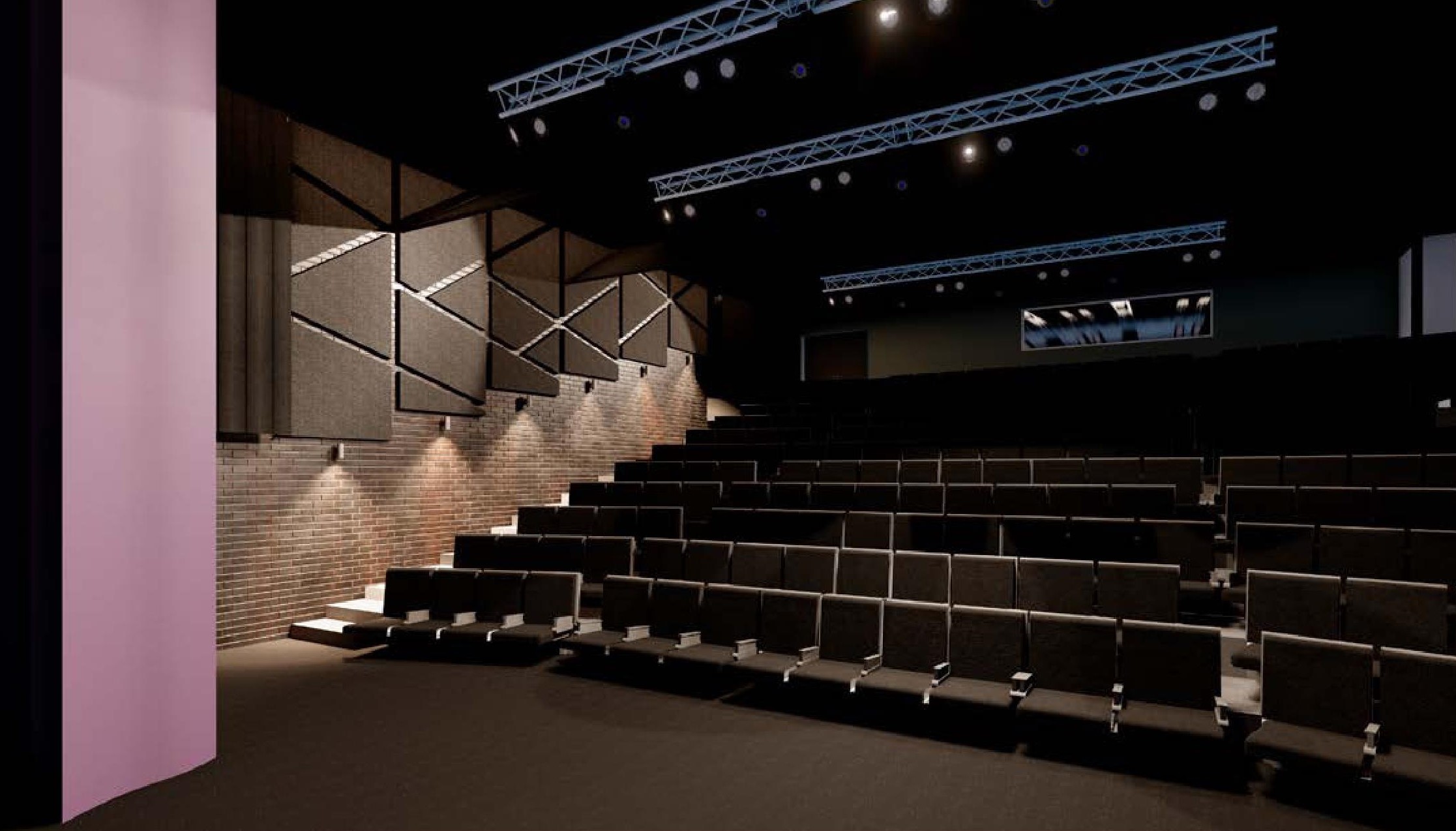 An artist impression of the auditorium with tiered seating and geometric acoustic shapes