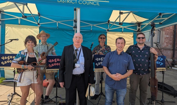 Cllrs John Willmott and Lee Waters with the Vaguely Savoury band