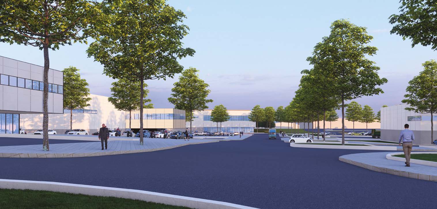 Artist impression of a tree lined road with industrial units on the edges 