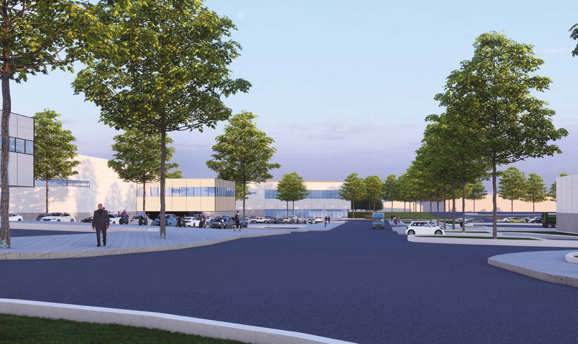 Artist impression of a tree lined road with industrial units on the edges 